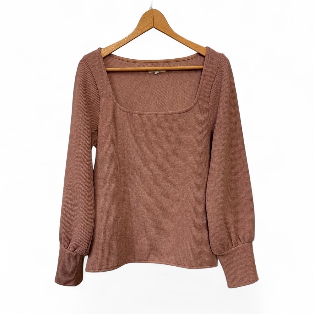 Madewell Women's Dusty Pink/Rose Ottoman Rib Square Neck Puffed Cuff Knit Top L